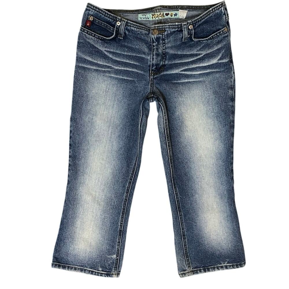 Vtg MUDD Y2K Low Rise Cropped Flare Capri Jeans Size 11 Whiskered Grunge Bratz